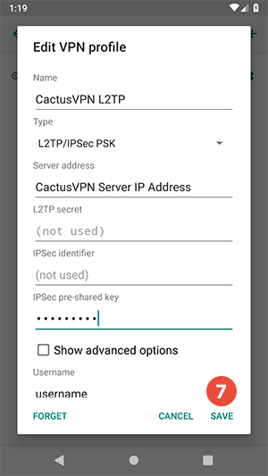 How to set up L2TP VPN on Android Pie: Step 7