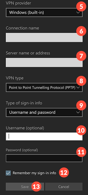 How to set up PPTP VPN on Windows 10 mobile: Step 5