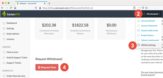 How to withdraw money from your CactusVPN affiliate account? Step 2