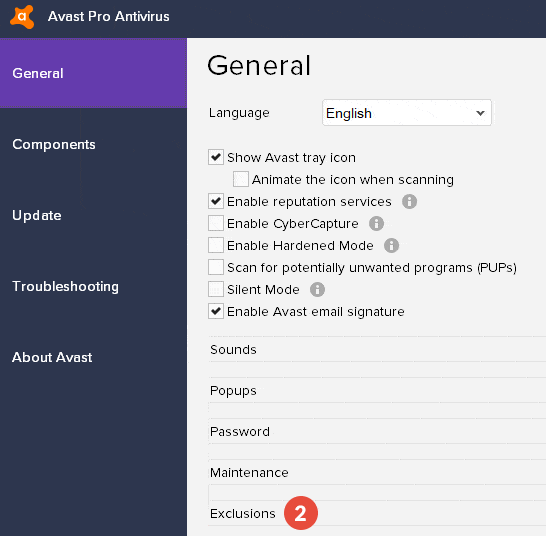 How to exclude files from scanning in Avast Antivirus: Step 2