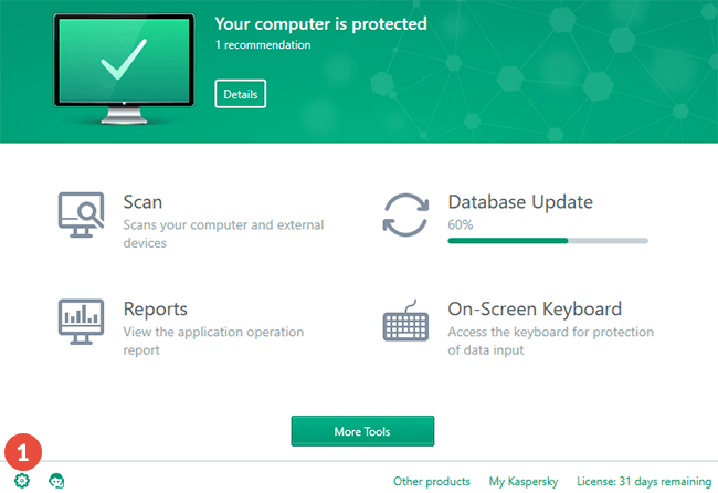 How to exclude files from scanning in Kaspersky Antivirus: Step 1