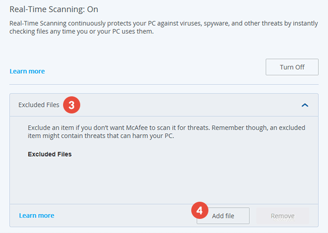 How to exclude files from scanning in McAfee Antivirus: Step 3