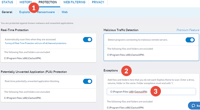 How to exclude files from scanning in Sophos Home: Step 1