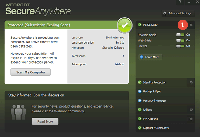 How to exclude files from scanning in Webroot Secureanywhere Antivirus: Step 1