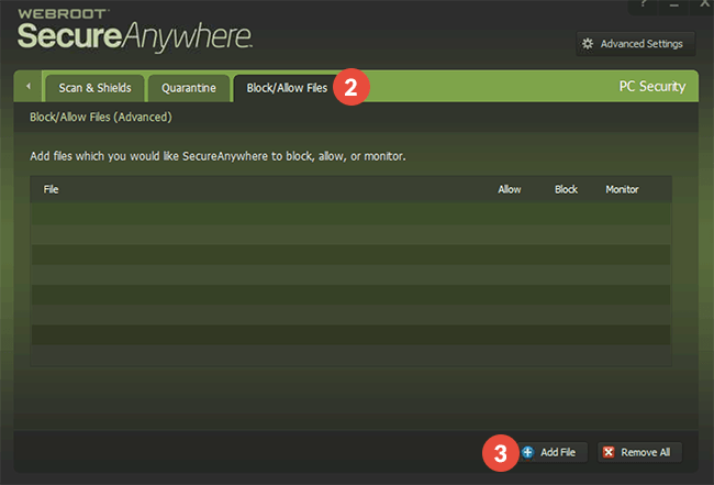 How to exclude files from scanning in Webroot Secureanywhere Antivirus: Step 2
