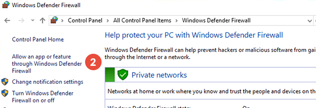 How to add exclusions for Windows Defender Firewall in Windows 10: Step 2