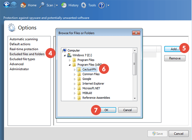 How to add exclusions for Windows Defender Firewall in Windows 7: Step 3