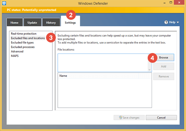 How to add exclusions for Windows Defender Firewall in Windows 8: Step 2