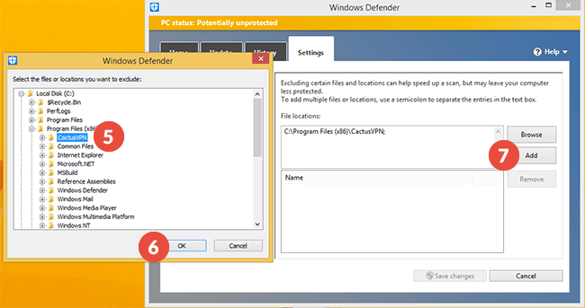 How to add exclusions for Windows Defender Firewall in Windows 8: Step 3