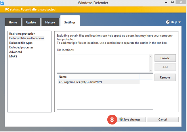 How to add exclusions for Windows Defender Firewall in Windows 8: Step 4