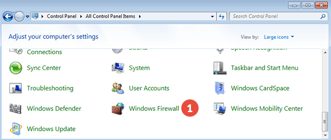 How to add exclusions for Windows Firewall in Windows 7: Step 1