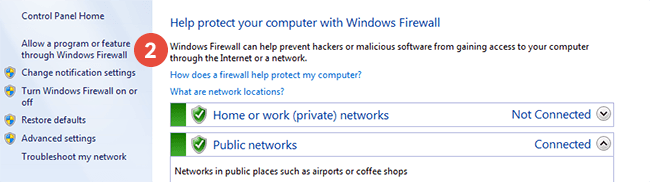 How to add exclusions for Windows Firewall in Windows 7: Step 2