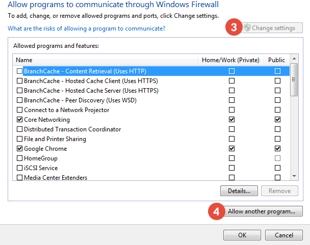 How to add exclusions for Windows Firewall in Windows 7: Step 3