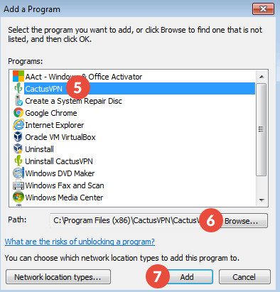 How to add exclusions for Windows Firewall in Windows 7: Step 4