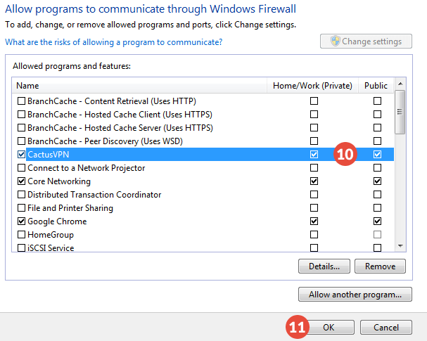 How to add exclusions for Windows Firewall in Windows 7: Step 6