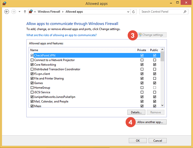 How to add exclusions for Windows Firewall in Windows 8: Step 3